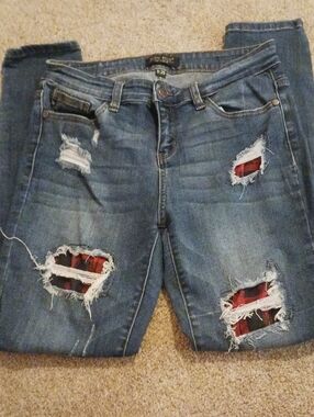 Judy Blue Blue Skinny Jeans with Red Plaid Patchwork